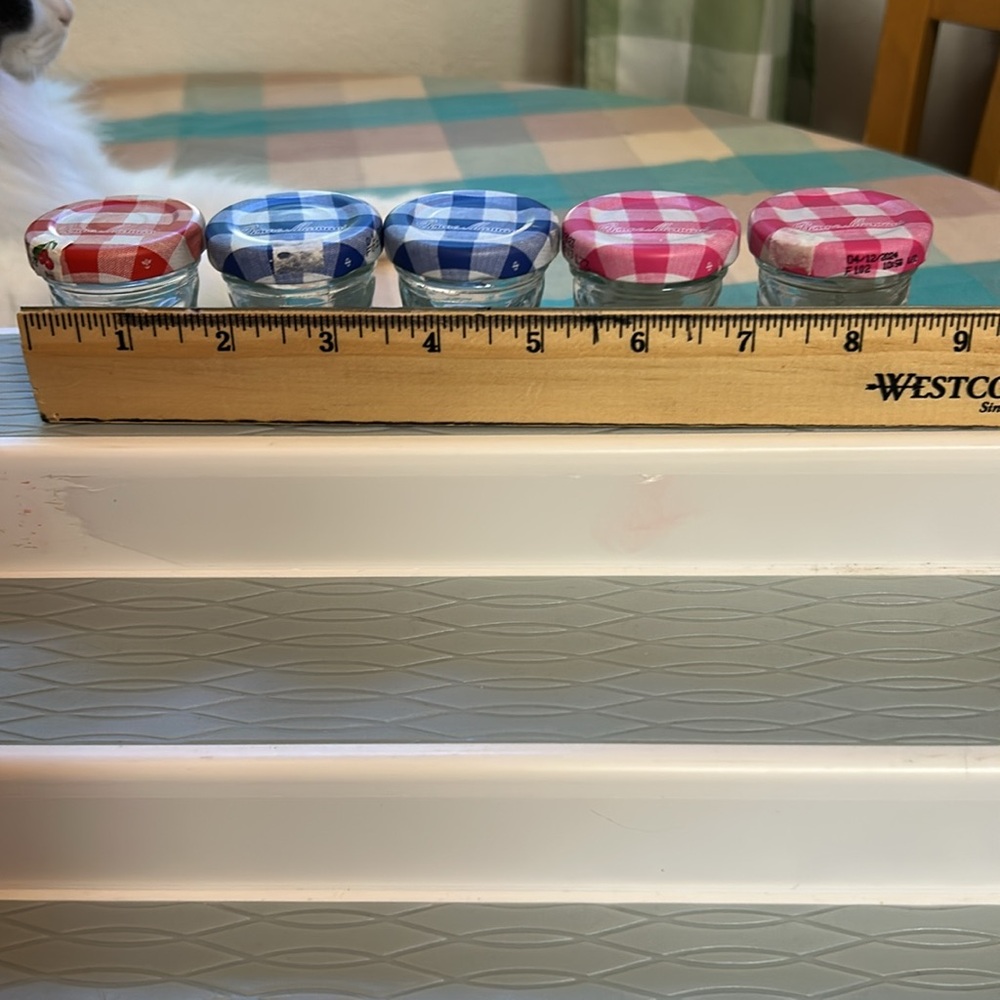 Bonne Maman Bundle of 5 Clear Glass with Assorted Color Gingham Lids Jars 1 Oz - Picture 9 of 9